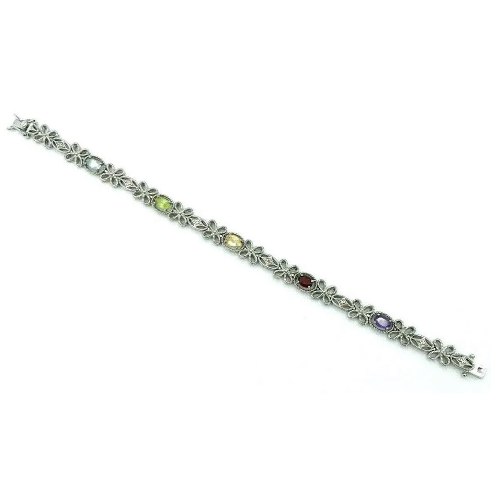 Vintage PAJ BB China Silver Tone Floral Gemstone Bracelet - Picture 4 of 9
